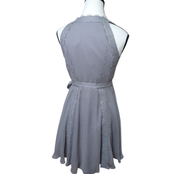 Va Et Vien Soft Goth Lace-Trim Silk Chiffon Wrap Dress – Slate Gray – Size 0 - Picture 3 of 16